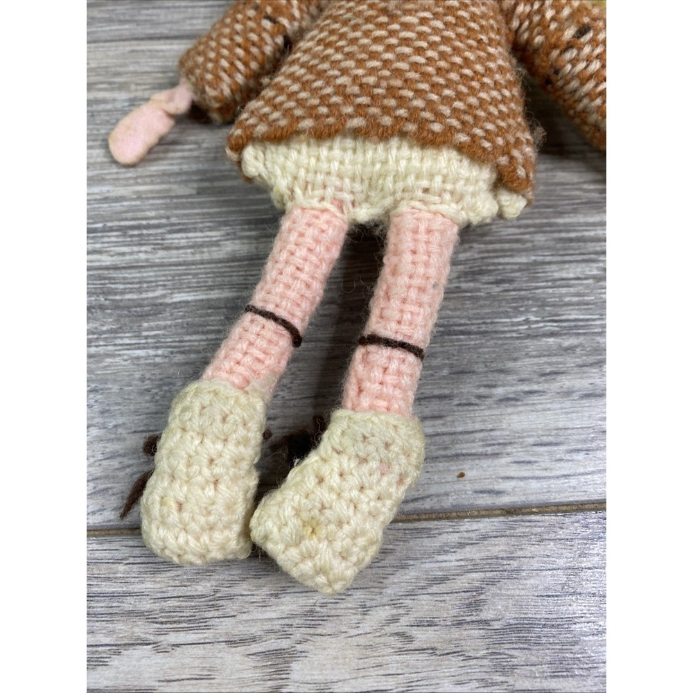 Unbranded Vintage Crochet Doll Girl Small Brown Blue Good Handmade Folk Art Toy - Picture 8 of 10